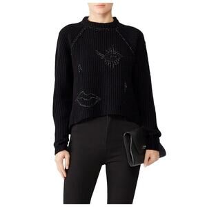 (Nude) Sweater Womens X Small Black Embroidered Face Mock Neck‎ Wool